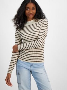 Hooked up by Iot Juniors'  Gauge Mock-Neck Striped Sweater - Oatmeal SIZE L NWT